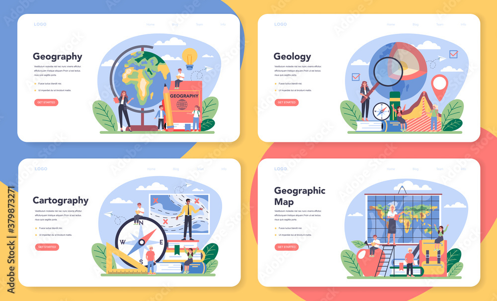 Obraz premium Geography class web banner or landing page set. Studying the lands