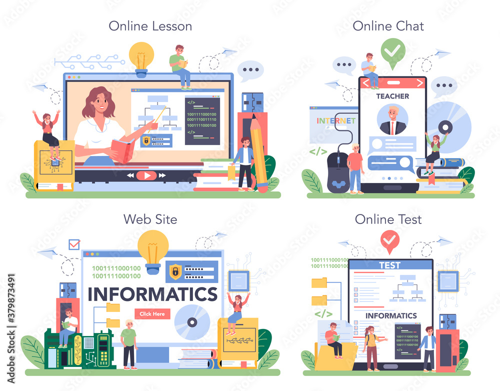 Fototapeta premium IT education online service or platform set. Student write software