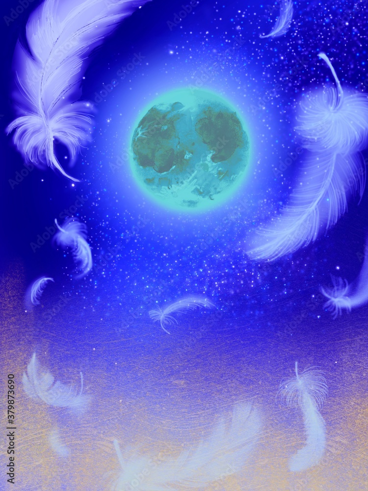 Flying blue feathers in the blue starry space