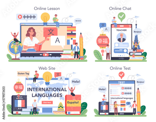 Language learning online service or platform set. Professor teaching