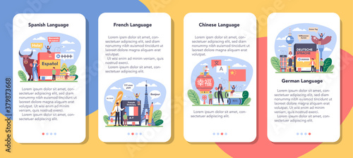 Language school learning mobile application banner set. Professor