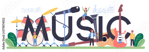 Music typographic header. Young performer playing music with professional