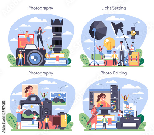 Photography school course set. Professional photographer teaching