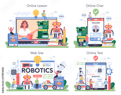 Robotics school subject online service or platform set. Robot