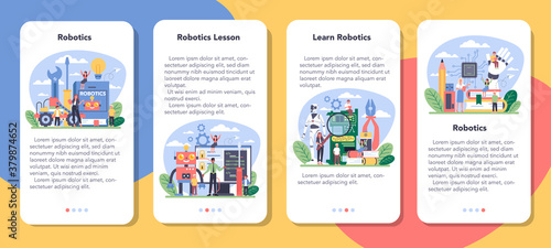 Robotics school subject mobile application banner set. Robot