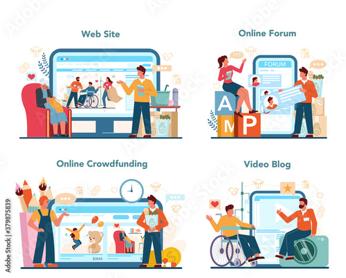 Social volunteer online service or platform set. Charity community