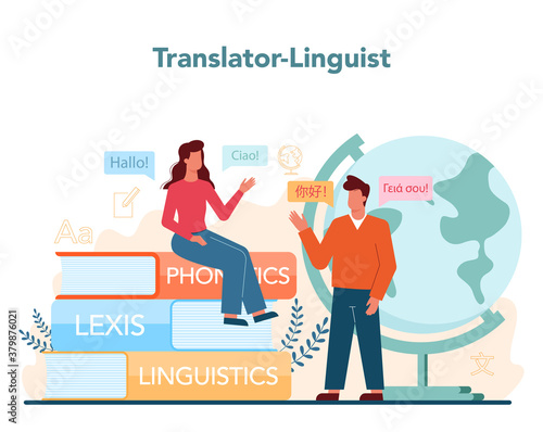 Translator and translation service concept. Linguist translating document,