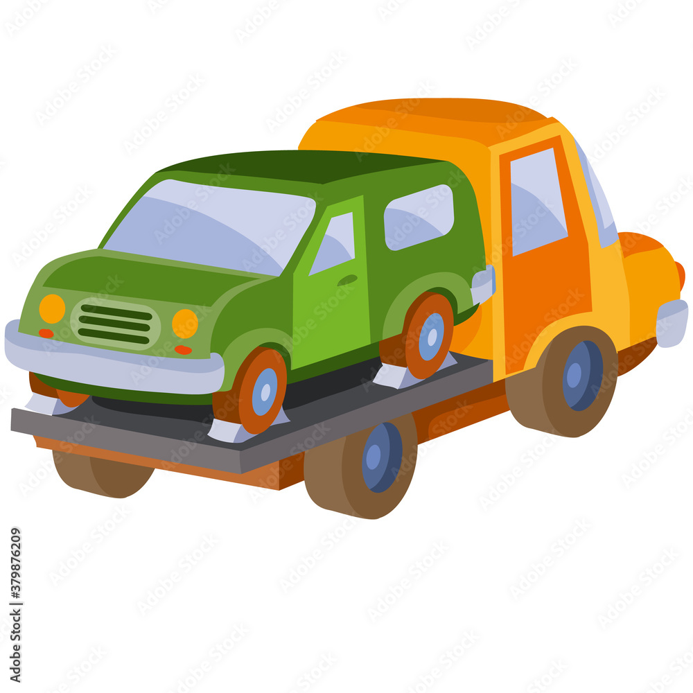 tow truck carrying confiscated or rolled car, cartoon illustration, isolated object on white background, vector,