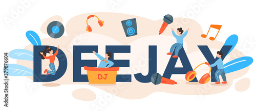 DJ typographic header. Person standing at turntable mixer make