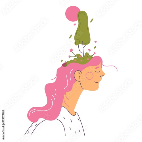 Young woman mental health concept illustration. Lovely character in self acceptance, comfort with her head and world