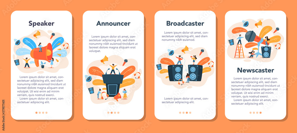 Professional speaker, commentator mobile application banner set. Professional speaker, commentator mobile application banner set.