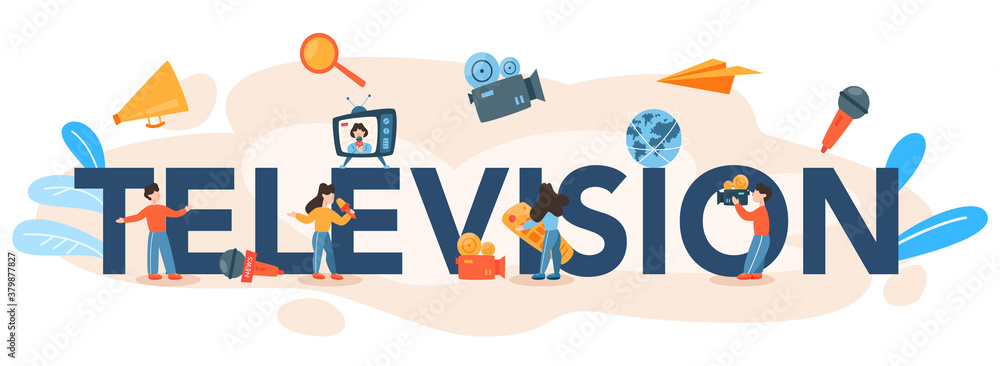 Television typographic header. Television host in studio. Broadcaster Television typographic header. Television host in studio. Broadcaster