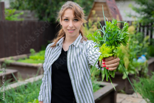 Young beautiful farmer with fresh harvest herbs greens in hands standing on garden background, happy woman gardener looks at camera with smile - green leek, lettuce, parsley, home organic eco products