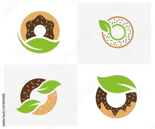 Set of Donuts Leaf logo design vector template, Bakery logo concept, Creative icon symbol
