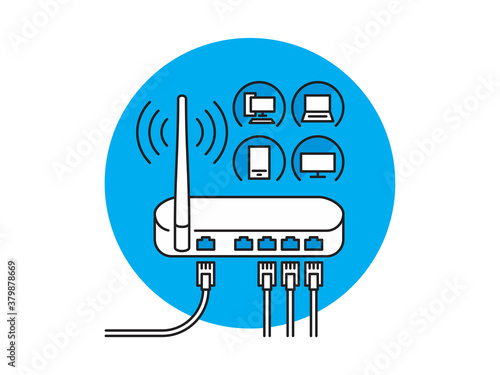 Home local network, LAN with router, PC, laptop, TV, mobile phone and RJ45 connectors - Vector illustration 