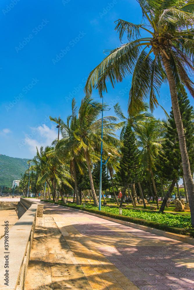 park in front beach of Vung Tau city with waves, coastline, streets, coconut trees and Tao Phung mountain in Vietnam