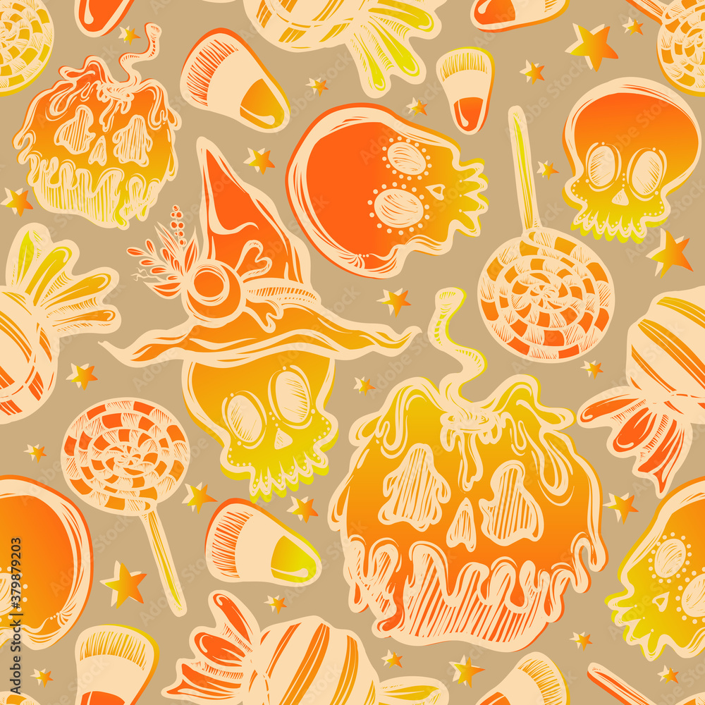 Vector illustration, Happy Halloween, poisoned apple with skulls, various sweets, mysticism. Handmade, prints, seamless pattern, background