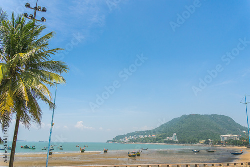 Fototapeta Naklejka Na Ścianę i Meble -  park in front beach of Vung Tau city with waves, coastline, streets, coconut trees and Tao Phung mountain in Vietnam