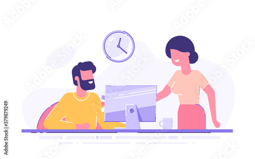 Young man is sitting at a desk with monitor and his colleague is pointing to a screen and giving advice. Business tutor, mentor, trainer. Office business concept. Modern vector illustration.