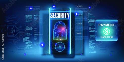 Reliable protection of digital data, e-bills and web wallets. Digital lock. Data protection and security on your smartphone. Cyber banner with electronic protection system against hacking
