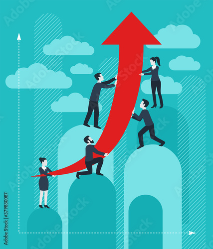 Business success concept of, profit, growth, wealth - people group (working team) holding chart scheme with arrow up and staying on chart diagrams - vector conceptual  illustration
