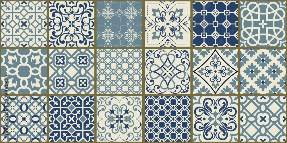 Fototapeta Collection of 18 ceramic tiles in turkish style. Seamless colorful patchwork from Azulejo tiles. Portuguese and Spain decor. Islam, Arabic, Indian, Ottoman motif. Vector Hand drawn background