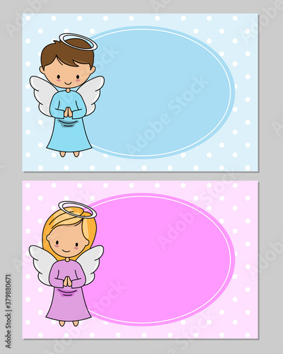 Angel girl and boy praying. Frame with space for text