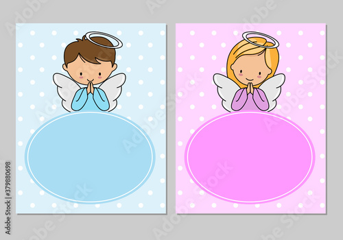 Angel girl and boy praying. Frame with space for text