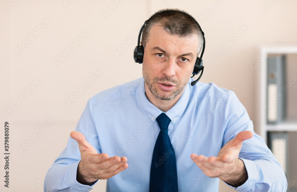 Man Talking With Customer Solving Problem Working In Call Center Man Talking With Customer Solving Problem Working In Call Center
