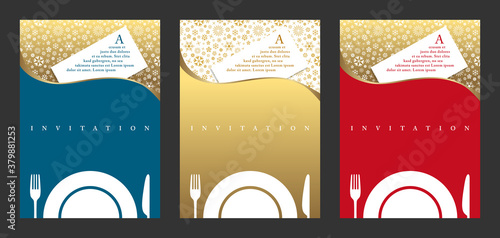 3 Cartes d’invitation pour vos diner de fêtes, couleur bleu, or et rouge avec un motif de flocon de neige.