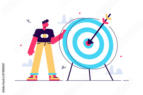 Cartoon man holding dart board with direct 