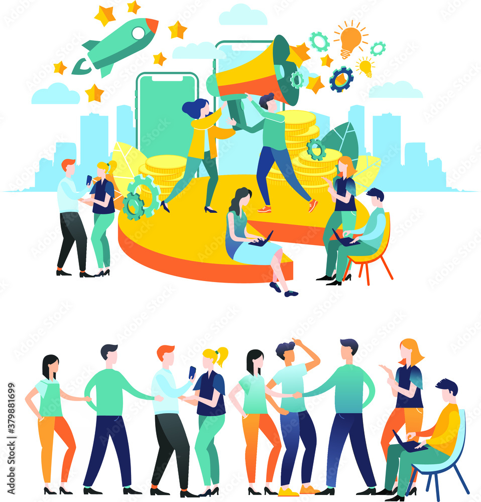 Fototapeta premium Vector illustration. Flat design. large group. Decision of tasks. Brainstorming. Teamwork. Achieving goal. Team of associates. A large composition using many elements.