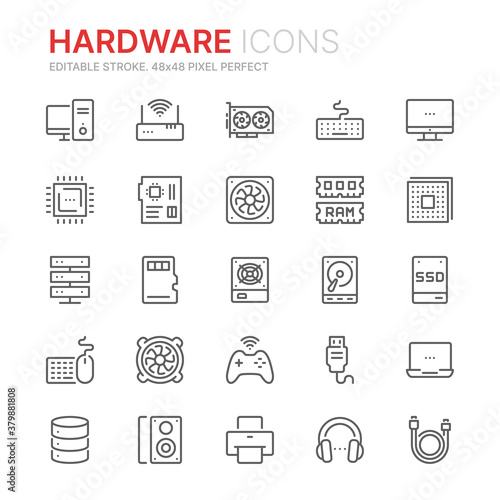 Collection of hardware related line icons. 48x48 Pixel Perfect. Editable stroke photo