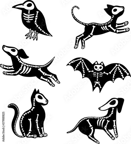 Vector set of Halloween stickers. Animals skeletons, isolated on white background. Dog, cat, raven, bat photo