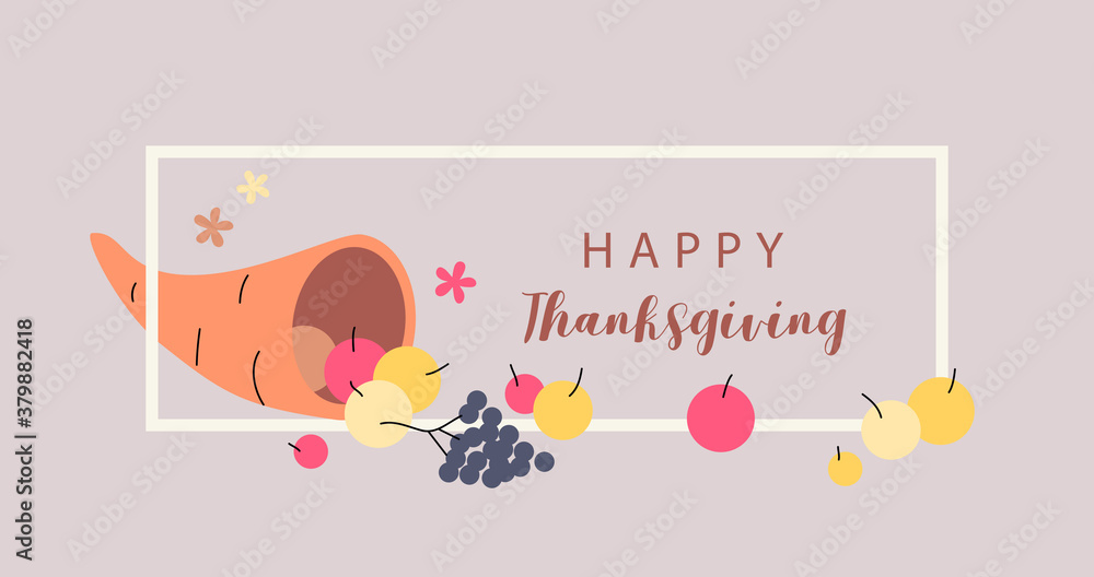 Happy Thanksgiving! Fruits, cornucopia. Thanksgiving Day card. Cornucopia design. Erntedankfest Happy Thanksgiving! Fruits, cornucopia. Thanksgiving Day card. Cornucopia design. Erntedankfest