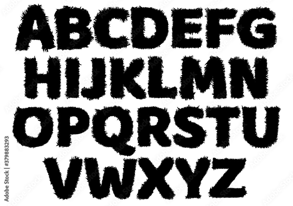 Raster text. The letters of the English alphabet in high resolution. Monster text, shaggy letters. Halloween theme. Isolate on white.