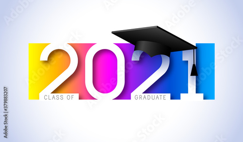 Class of 2021, elegant card in colorful colors for banners, flyers, greetings, invitations, business diaries, congratulations and posters at the prom. Vector illustration. Graduation, class of 2021