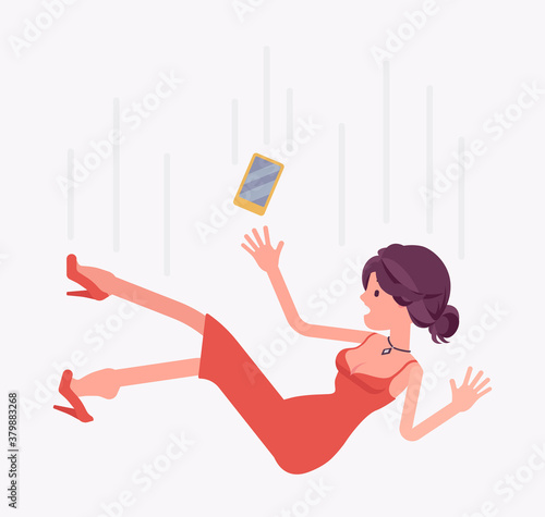 Falling down unsuccessful young woman, making mistake or failure. Damage happening or injury situation, unexpected loss, casualty, mishap for beautiful lady. Vector flat style cartoon illustration