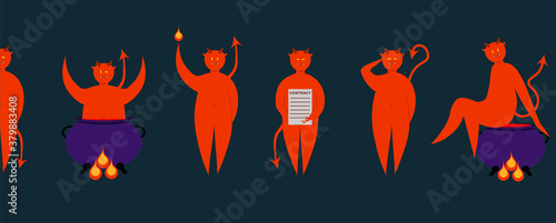 Set of red devils character in different pose for Halloween. Costume for masquerade. Cute vector illustration on isolated background.