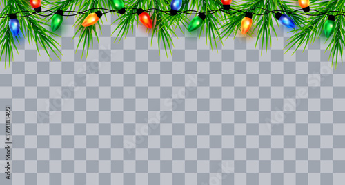 Christmas border with fir branches. Colorful Christmas frame with light bulb. Christmas lights decorative garland