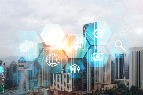 Photography Research and development hologram over panorama city view of Kuala Lumpur
