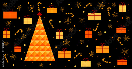 Happy New Year. 2021 holiday design. 2021 new year background with Christmas tree, gifts, snow, snowflakes