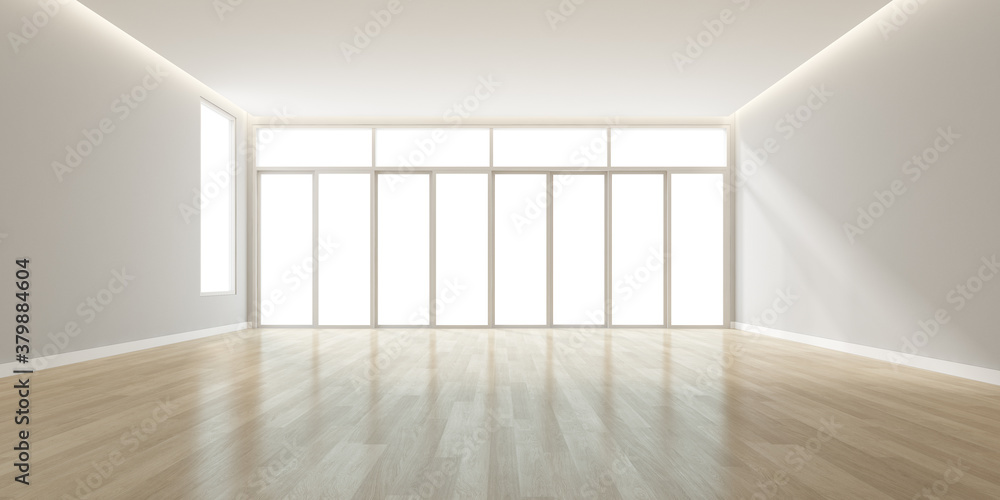 3d rendering of modern empty room with wooden floor and large window on white background. 3d rendering of modern empty room with wooden floor and large window on white background.