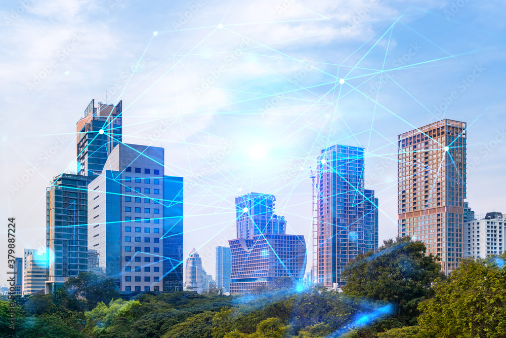 Fototapeta premium Abstract technology icons hologram over panorama city view of Bangkok, Asia. The concept of people networking and connections. Double exposure.