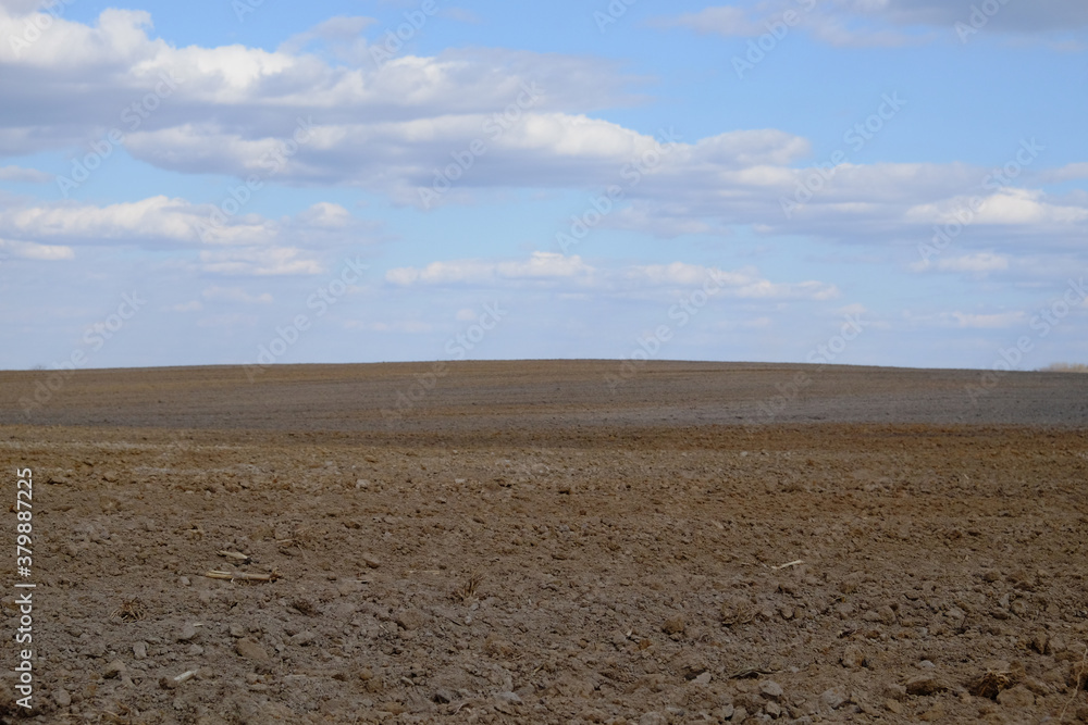 A plowed agricultural field. Blue sky over a farm field. A plowed agricultural field. Blue sky over a farm field.