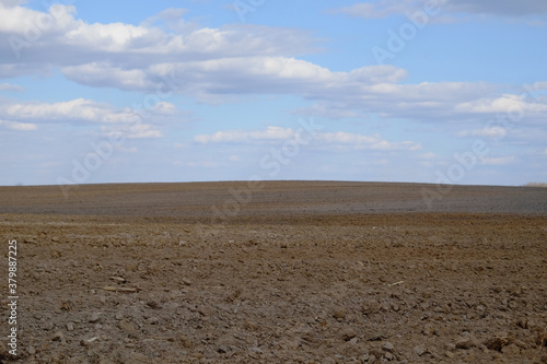 A plowed agricultural field. Blue sky over a farm field.