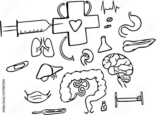 Set of medical symbols and icons doodles