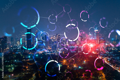 Wallpaper Mural Abstract technology icons, night aerial panoramic cityscape of Bangkok, Asia. The concept of innovative approach to optimize international business process. Double exposure. Torontodigital.ca
