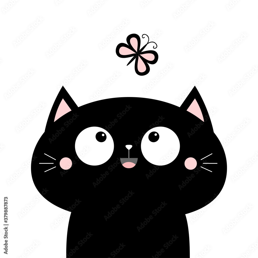 Obraz premium Cat face head looking at butterfly insect. Cute cartoon character icon. Kawaii animal. Baby card. Big eyes. Flat design. Notebook cover, tshirt, greeting card, sticker print. White background.