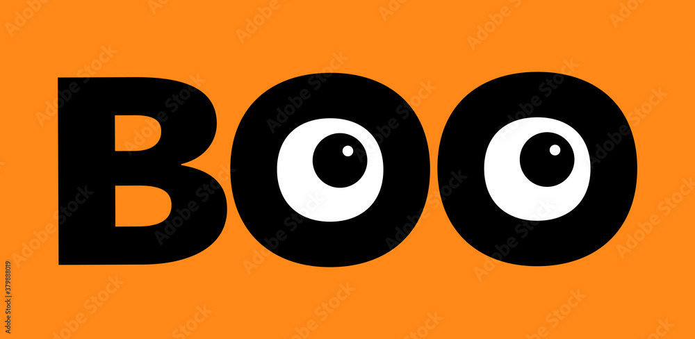 Happy Halloween. Hanging word BOO text Eyeballs. Cute cartoon spooky character. Monster face head. Smiling face. Greeting card. Flat design. Orange background.
